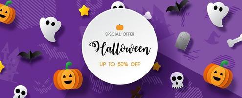 bannière de magasin et publicité de vente avec objet de signe du jour d'halloween dans un style découpé en papier sur un motif moderne abstrait et un fond violet. le tout dans la conception de bannières et de vecteurs. vecteur