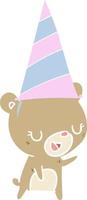 ours de dessin animé de style plat couleur portant un chapeau de fête vecteur