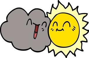 dessin animé doodle heureux soleil et nuage vecteur