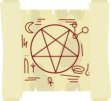 rouleau de papyrus avec sort magique. pentagramme étoilé sur papier. l'élément du sorcier et de la sorcière. illustration plate de dessin animé vecteur