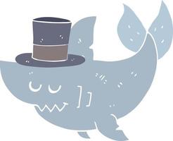requin de dessin animé de style plat couleur portant un chapeau haut de forme vecteur