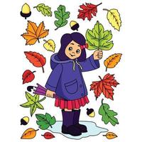 enfant avec des feuilles d'automne jolie fille dans de belles feuilles d'automne sur la saison d'automne des illustrations vectorielles de coloriage de jour de pluie vecteur