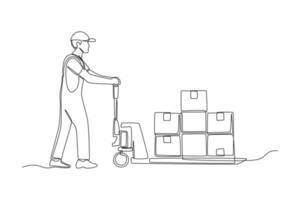 un seul dessin au trait homme poussant la palette à main pour déplacer la boîte. concept d'expédition et de logistique. illustration vectorielle graphique de conception de dessin en ligne continue. vecteur