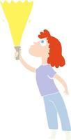 illustration en couleur plate d'une femme de dessin animé recherchant avec une torche vecteur