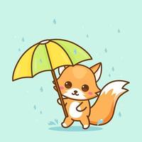 mignon renard sous le parapluie sous la pluie vecteur