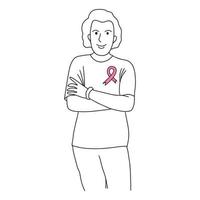 heureuse femme confiante avec badge ruban rose pour le mois de sensibilisation au cancer du sein. dessin au trait de contour simple en noir et blanc du personnage de survivante du cancer oncologique féminin vecteur