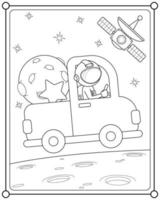 astronaute conduisant une voiture dans l'espace adapté à l'illustration vectorielle de la page de coloriage pour enfants vecteur
