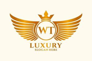 lettre d'aile royale de luxe wt crête vecteur de logo couleur or, logo de victoire, logo de crête, logo d'aile, modèle de logo vectoriel.