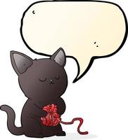 dessin animé mignon chat noir jouant avec une pelote de laine avec bulle de dialogue vecteur