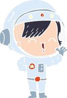 fille astronaute heureuse de dessin animé de style couleur plate agitant vecteur