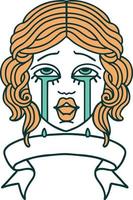 tatouage traditionnel avec bannière d'un visage féminin qui pleure très heureux vecteur