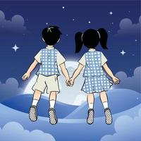 illustration de personnage garçon et fille volant main dans la main dans le ciel nocturne vecteur
