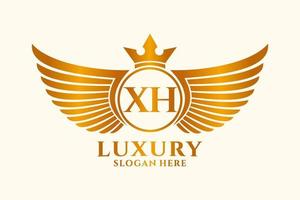 lettre d'aile royale de luxe xh crête vecteur de logo couleur or, logo de victoire, logo de crête, logo d'aile, modèle de logo vectoriel.