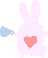 mignon lapin de dessin animé de style plat couleur avec coeur d'amour et tasse de café vecteur