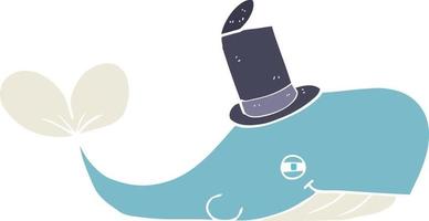illustration en couleur plate d'une baleine de dessin animé portant un chapeau vecteur