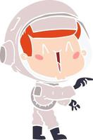 heureux astronaute de dessin animé de style plat couleur pointant vecteur