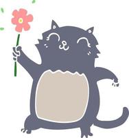 chat de dessin animé de style plat couleur avec fleur vecteur