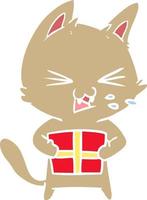 chat sifflant de dessin animé de style plat couleur avec cadeau de noël vecteur