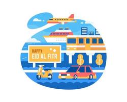 fond heureux eid al fitr avec des véhicules de transport vecteur