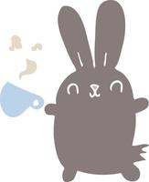 mignon lapin de dessin animé de style plat couleur avec une tasse de café vecteur