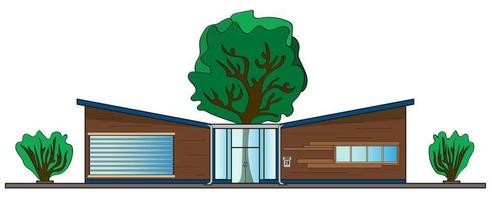 maison moderne de plain-pied. l'arbre pousse à l'intérieur de la maison. illustration vectorielle isolée sur fond blanc. vecteur