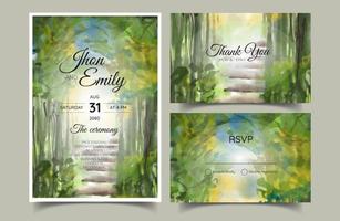 invitations de mariage, montagnes aquarelles, forêt vecteur