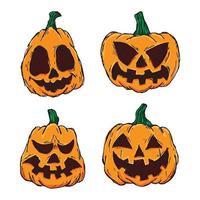 citrouilles d'halloween en vecteur avec jeu d'icônes de visage différent. illustration colorée dessinée à la main. visages de monstres. éléments de conception pour logo, badges, bannières, étiquettes, affiches