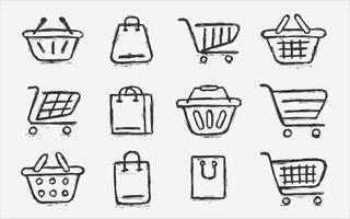 jeu d'icônes de panier d'achat. collection d'icônes Web pour les magasins en ligne, à partir de diverses icônes de panier de différentes formes. croquis dessinés à la main jeu d'icônes vecteur