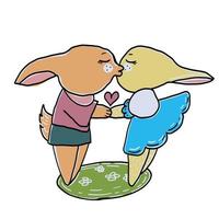 mignons petits lapins amoureux s'embrassent. illustration de dessin animé dessiné à la main de vecteur. vecteur