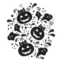 citrouilles d'halloween avec texte et symboles de toiles d'araignées et de chauves-souris. symboles d'halloween imprimés en noir de vecteur isolés sur un champ blanc.