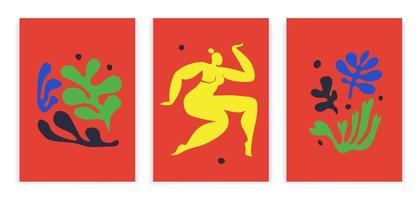 femme qui danse. posters art abstrait inspiré par henry matisse. femme découpée et différentes plantes sur fond rouge. illustration vectorielle tendance contemporaine d'affiches verticales isolées. vecteur