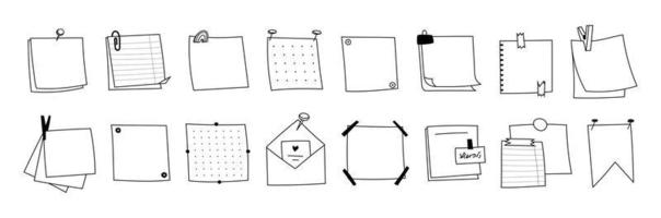 ensemble de contour de papier de blocs-notes mémo dessinés à la main. gribouiller des feuilles de papier carrées vierges pour les notes. divers types d'enveloppes avec épingles, clips, autocollants, ruban adhésif. vecteur de rappels de croquis isolés.