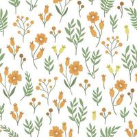 modèle sans couture floral vert et orange de vecteur. illustration tendance simple et plate dessinée à la main avec des fleurs et des feuilles sur fond blanc. texture répétitive avec prairie, jardin, plantes forestières. vecteur