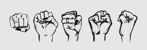 mains féminines dessinées à la main serrées dans un poing. signe grunge de lutte, de force et d'opposition à la violation des droits des femmes. ensemble d'illustrations vectorielles de mains humaines sur fond blanc. vecteur