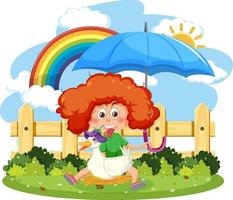 personnage de dessin animé fille heureuse avec parapluie vecteur