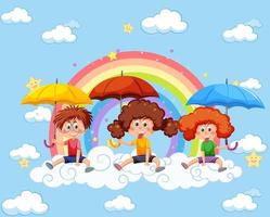 enfants heureux dans le ciel avec arc-en-ciel vecteur