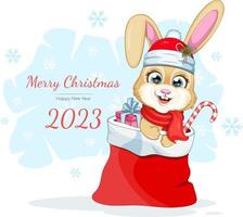 joyeux noël et nouvel an 2023 carte avec un joli lapin de dessin animé vecteur