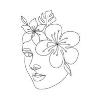 tête de femme avec des fleurs élégantes illustrations linéaires vecteur