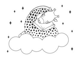 jolie girafe dormant sur un nuage avec un oreiller moelleux. illustration d'enfants monochromes. illustration vectorielle. livre de coloriage pour enfants. isolé sur blanc. vecteur