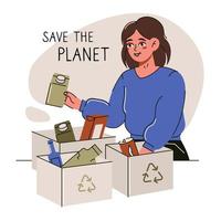 jeune femme jetant des ordures en plastique dans des conteneurs illustration vectorielle. concept de gestion des déchets avec une fille écologique triant les déchets dans différents réservoirs. infographie écologique pour sauver la terre vecteur