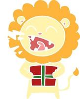 lion rugissant de dessin animé de style plat couleur avec cadeau vecteur
