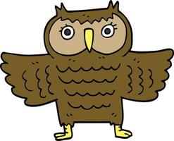 dessin animé doodle hibou avec des ailes battantes vecteur