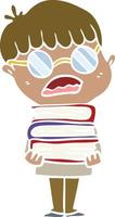 garçon de dessin animé de style plat couleur avec des livres portant des lunettes vecteur