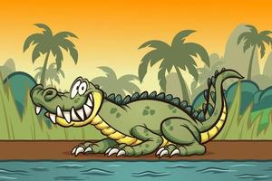 crocodile de dessin animé sur la rive du fleuve vecteur