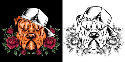 tête de pitbull avec illustration vectorielle de roses vecteur