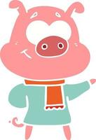 cochon de dessin animé de style plat couleur heureux portant des vêtements chauds vecteur