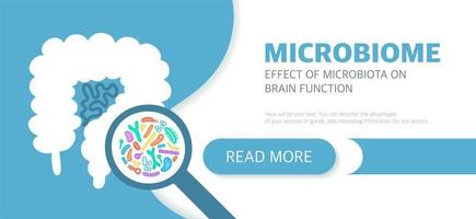 modèle de page de destination du site Web du microbiome avec intestins et bactéries, liste de diffusion, publicité, étiquette, présentation. fond de vecteur gastro-entérologue.