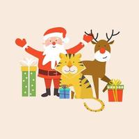 père noël festif, cerf de noël et tigre avec coffrets cadeaux sur fond clair. illustration lumineuse vectorielle plane en style cartoon. vecteur