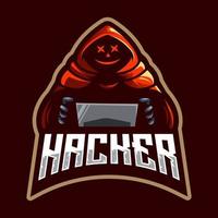 vecteur d'illustration de conception de logo de mascotte de hacker isolé sur fond sombre pour les jeux d'équipe esport