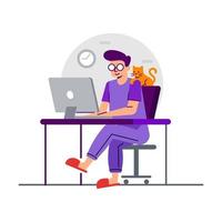 travailler à partir de l'illustration vectorielle à domicile. conception d'illustration plate colorée moderne d'un homme travaillant en ligne avec un chat sur son épaule. concept de travail à domicile vecteur. vecteur